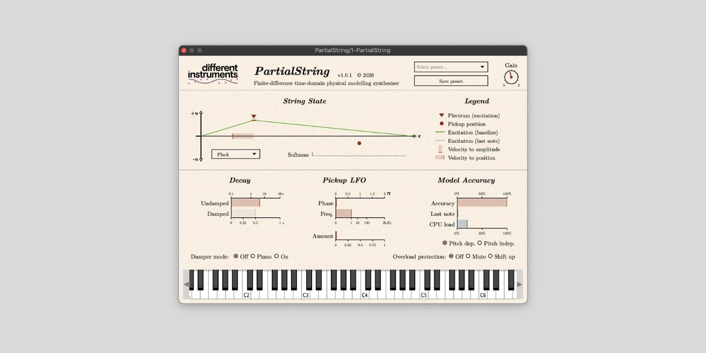 Different Instruments releases PartialString, a FREE physical modeling synth plugin for macOS, Windows, and Linux
