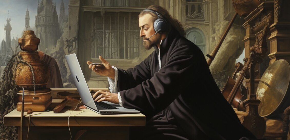 A lawyer listening to music surrounded by a scene of law visuals