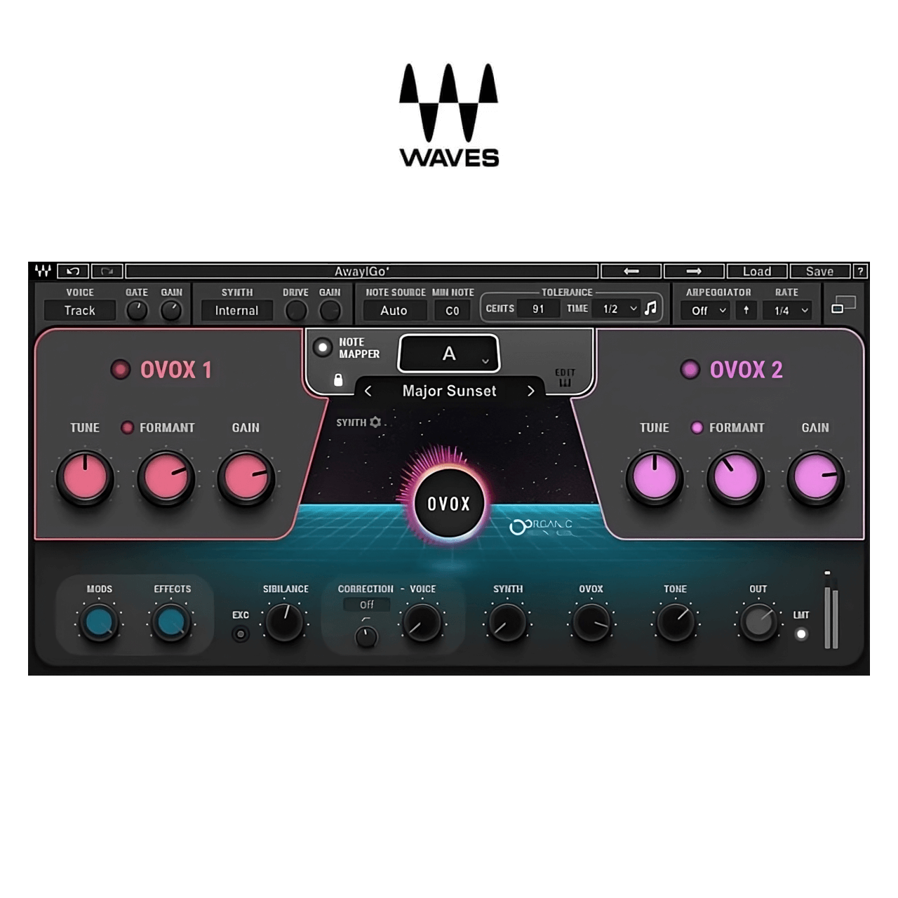 Waves OVox, vocal resynthesis driving two synth engines