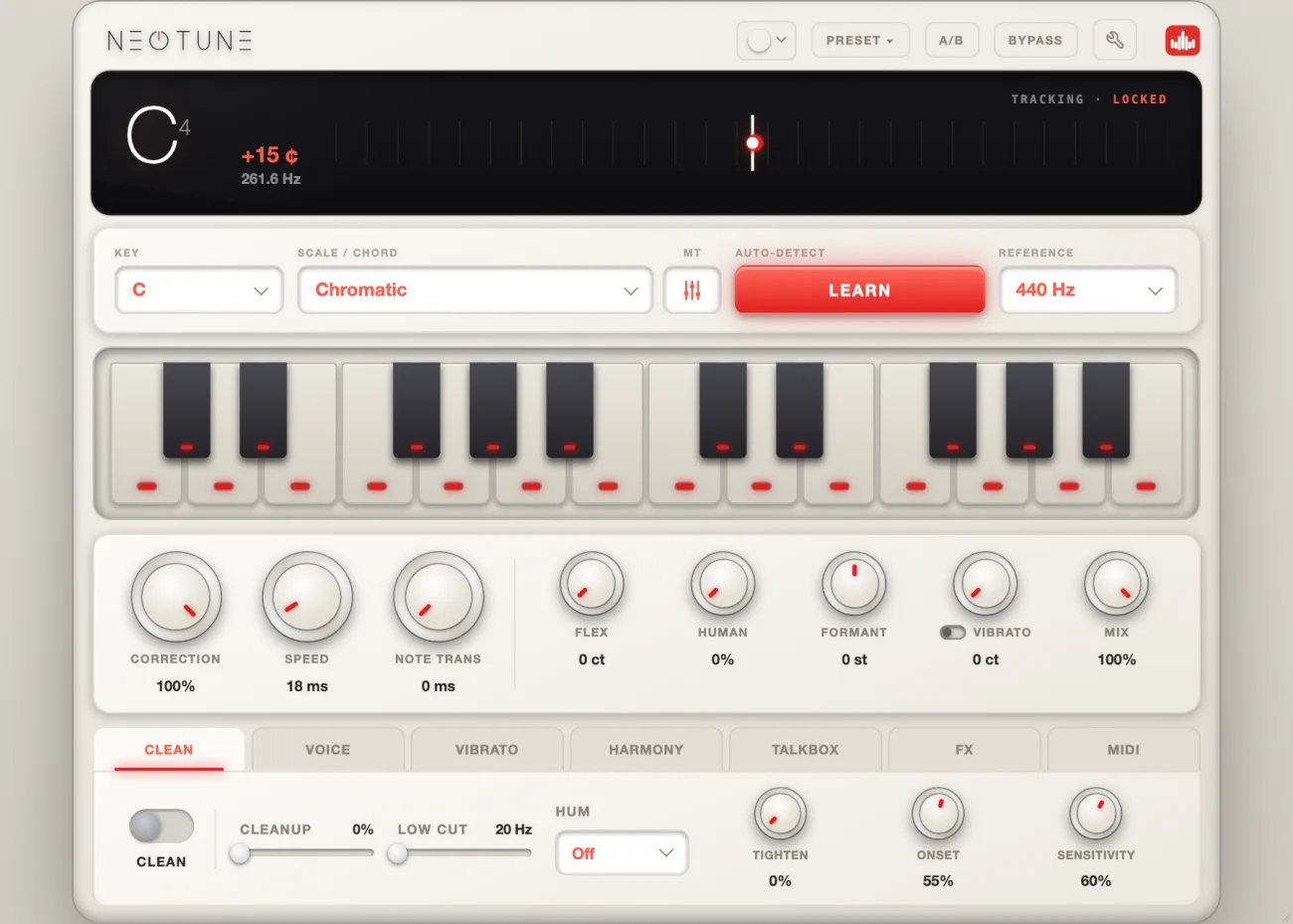 NEOTUNE Pro in the Light theme, hard tuned with the formant controls open
