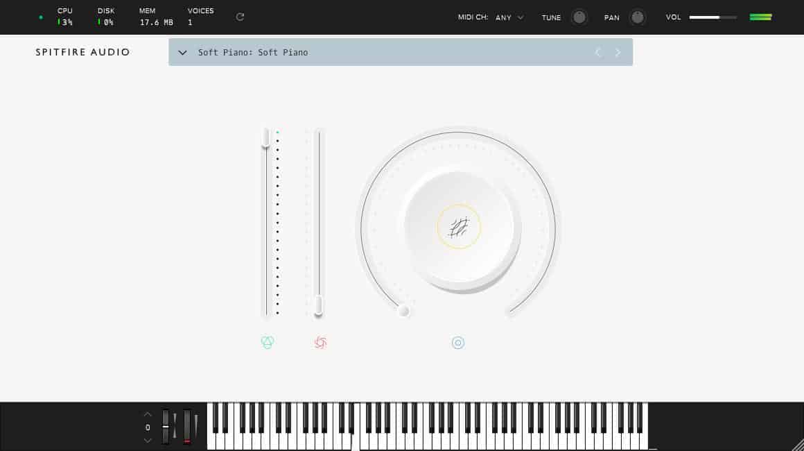 Spitfire LABS Soft Piano free plugin interface